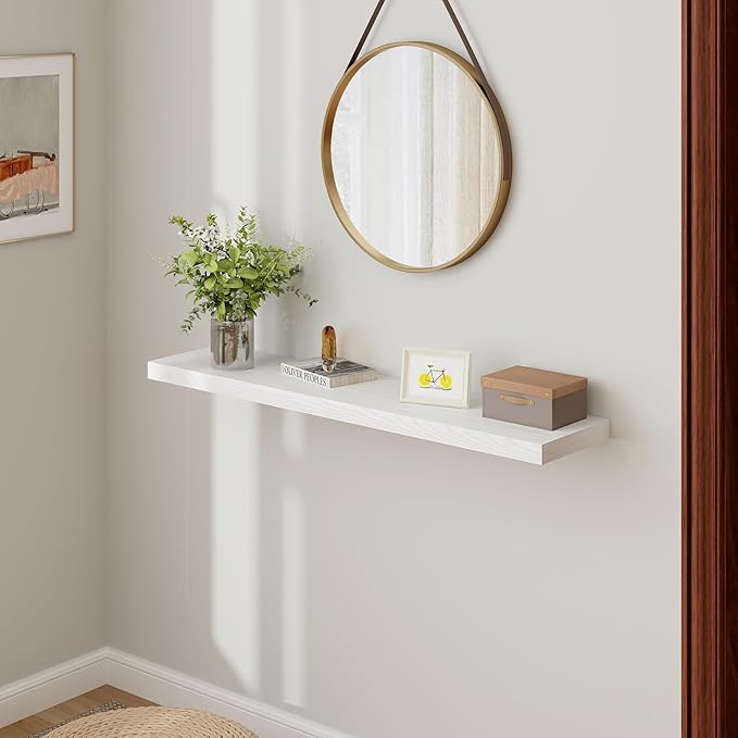 Fun Memories Farmhouse Floating Shelves for Wall, 48 x 9.3 Large Floating Shelf Wall Mounted, Rustic Wood Shelves for Bathroom, Kitchen, Living, Heavy-Duty Storage Deep Shelf for Books, Decor, White