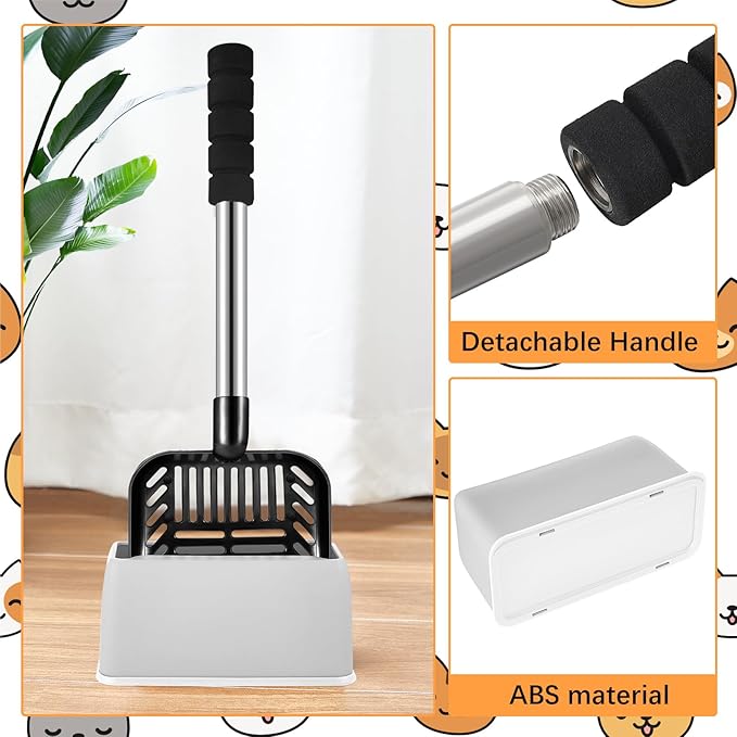32 Inch Cat Litter Scooper Metal Long Handle with Cat Litter Scoop Holder Deep Kitty Sifter Shovel Detachable Stainless Steel Poop Sifter Scooper Caddy Kitty with Box(Black)