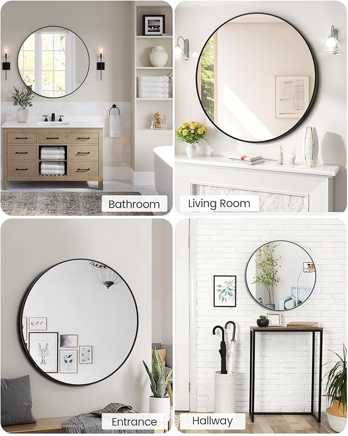 36 Inch Black Circle Wall Mirror, Modern Round Metal Framed Mirror for Bathroom, Entryway, Living Room, Bedroom, Dining Room, Hallway, Decorative Home Décor, Easy Mount