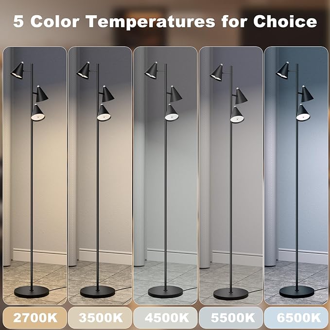 Tree Floor Lamp with Remote, Dimmable 3 Rotatable LED Lights, 5 Color Temperatures, 63" Modern Standing Lamp for Living Room, Bedroom, Office Reading Light