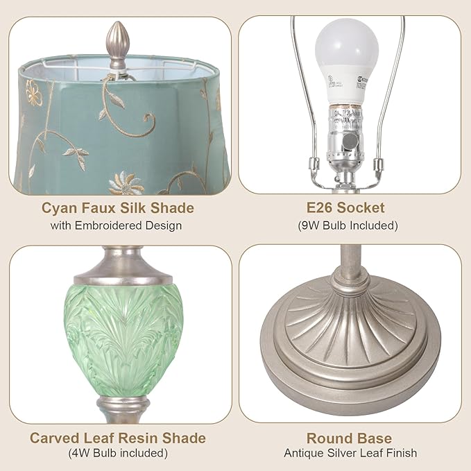 Vintage Floor Lamp for Living Room, 63" Tall Standing Lamp with Nightlight and Embroidered Shade, Farmhouse Floor Lamp with Silver Leaf Finish for Bedroom Corner, LED Bulb Included