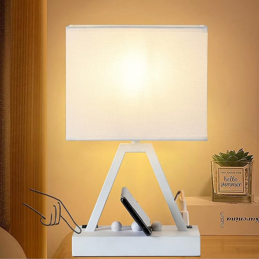 Briever Touch Control Table Lamp, 3-Way Dimmable Desk Lamp with USB C & USB A and AC Outlet, Bedside Lamp with Phone Stands for Bedroom, Living Room, Office, LED Bulb Included, White