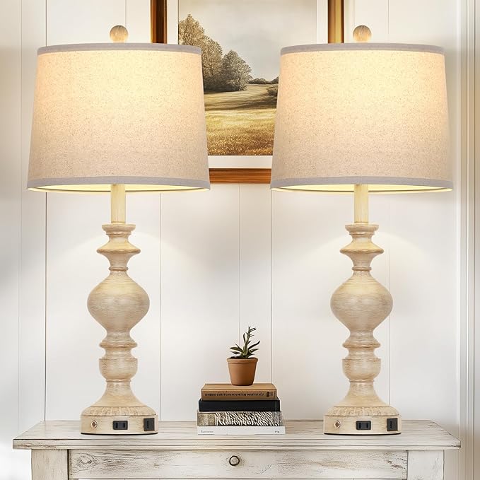 28" Farmhouse Table Lamps Set of 2, Rustic Lamp for Living Room with USB C+A Ports & AC Outlet, 3 Way Touch Control Resin Bedside Lamps, Retro Bedroom Lamp for Nightstand Side End Table Desk, Beige