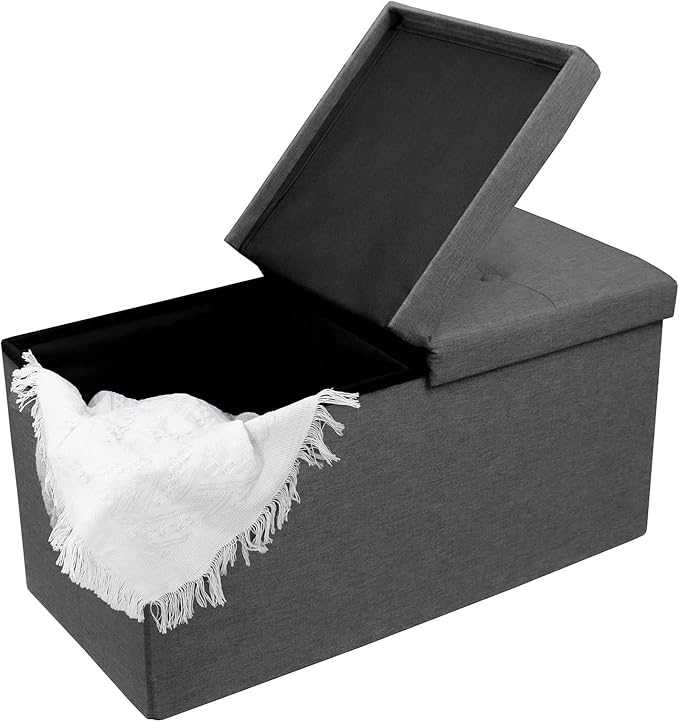CAROLMADE 30 Inches Storage Ottoman Bench with Flipping Lid, Linen Foldable Storage Footrest, Ottoman with Storage for Living Room Holds up to 330lbs, Dark Grey