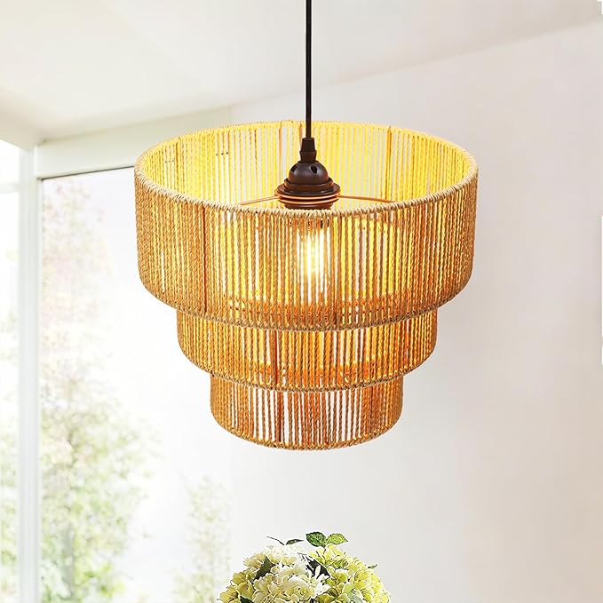 12''Natural rattan chandelier -Small Farmhouse Boho Style with E27 Bulb, 120V pendant light, fandelier, hanging lamp, wicker pendant lamps for Dining Room/Kitchen/Bedroom/Living Room/Island
