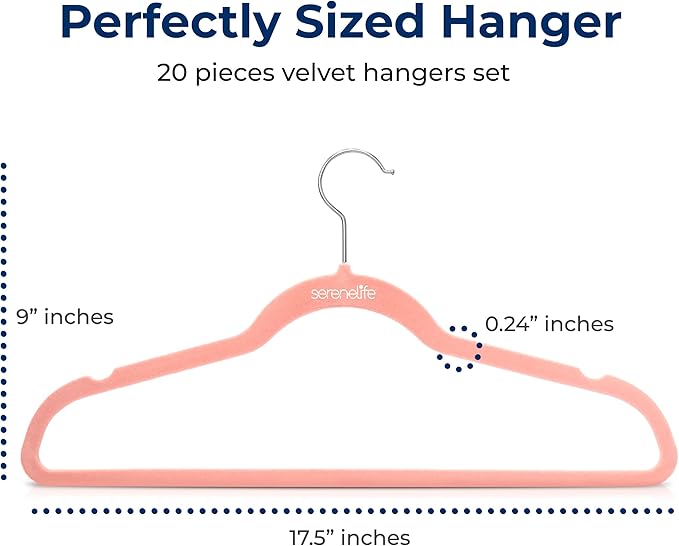 SereneLife 20 Pack Velvet Hangers - Non-Slip Felt Hangers with 360° Swivel Hook - Ultra-Thin, Lightweight, Space Saving for Shirts, Sweaters, Hoodies, Kids Clothes & Dresses