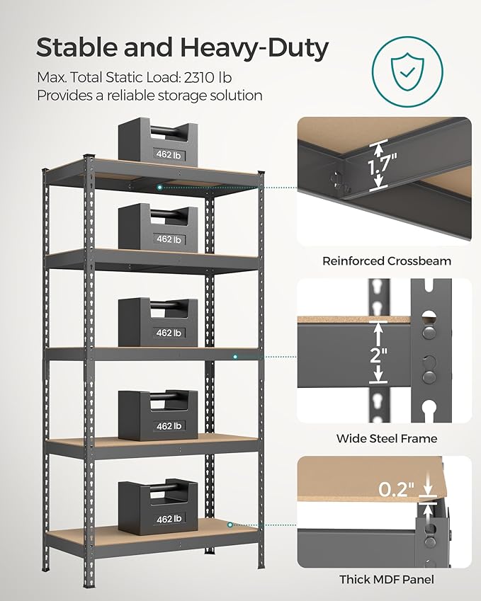 SONGMICS 5-Tier Storage Shelves, Load 2310 lb, Garage Storage, Boltless Assembly, Adjustable Shelving Unit, 17.7 x 35.4 x 70.9 Inches, for Study Shed Basement, Gray and Natural Beige UGLR450G01
