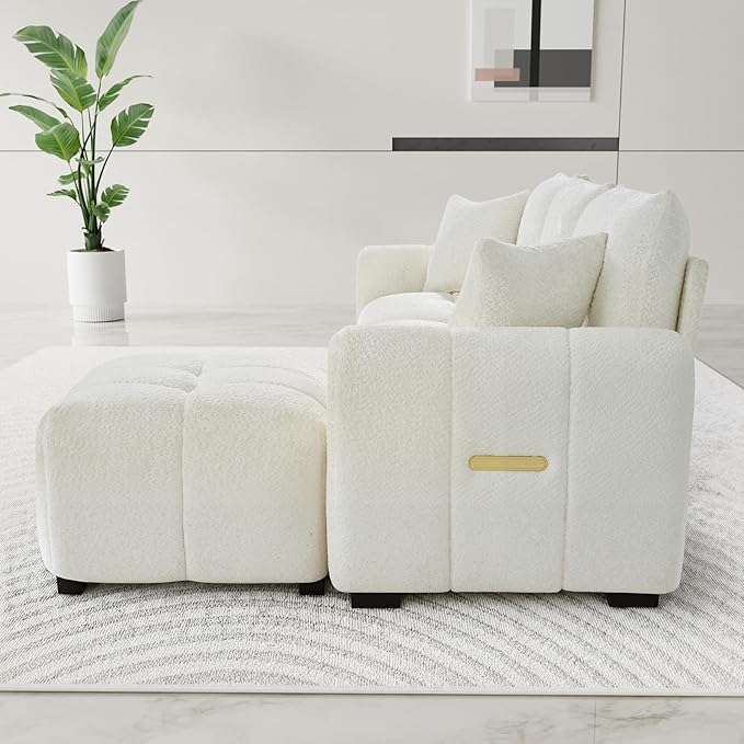 110" L Shaped Modern Boucle Sofa Modular Sectional Cloud Couch with Ottoman, Tufted 4-Seat Deep Seat Sofa with Pillows for Living Room, Bedroom and Apartment, Beige White