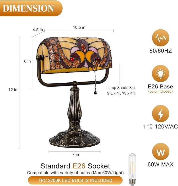 Tiffany Style Bankers Lamp - Stained Glass Desk Lamps with Baroque Design & Pull Chain, Vintage Table Lamp Bankers Desk Light for Office Bedroom Nightstand Living Room LED Bulb Included