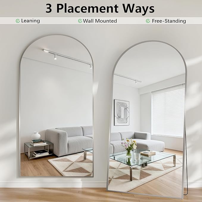 Oversized Full Length Mirror, 35"x78" Large Arched Floor Mirror Full Length with Stand, Room Decor Big Full Body Mirror with HD Tempered Glass Aluminum Frame for Bedroom Living Room, Silver