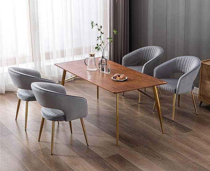 Modern Velvet Dining Chairs Set of 2, Upholstered Gold Dining Room Chairs with Hollow Back and Gold Legs, Accent Armrest Kitchen Chairs for Living Room Reception Grey