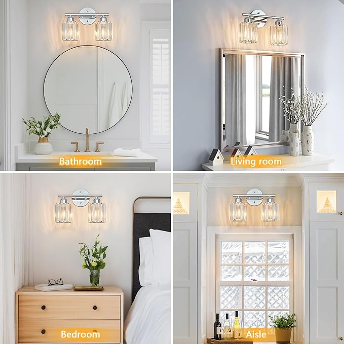 Modern 2 Light Crystal Vanity Light, Chrome Vertical Bathroom Light Fixture Over Mirror for Dressing Table Sink, Compatible with Dimmable Bulbs (Bulbs Not Included)