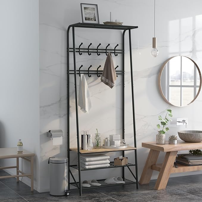 MDF Hall Tree with Bench, 4-in-1 Entryway Coat Rack with Storage Shelf & Shoe Organizer, Sturdy Freestanding Furniture for Living Room, Bedroom, Mudroom