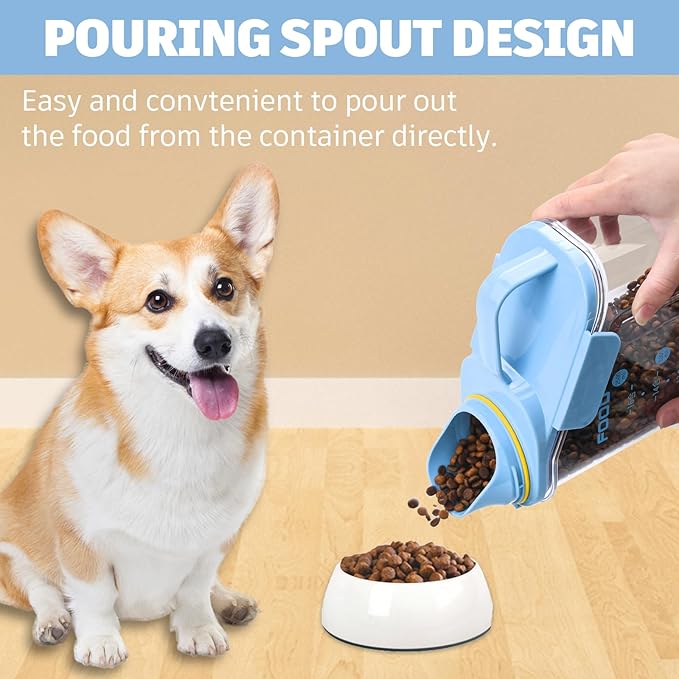 Dog Food Storage Container 3-5lbs, Dog Food Container with Airtight Pour Spout, Cat Food Storage Container with Measuring Cups, Portable Pet Food Container for Dogs, Cats, Birds（Blue）