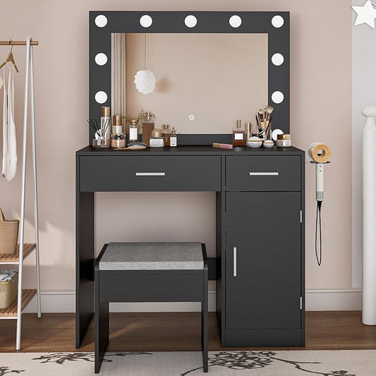 Makeup Vanity with Stool, Large Drawer and Power Socket with 11 Light Bulbs and 3 Adjustable Lighting Modes, Vanity Table for Bedroom (Black)