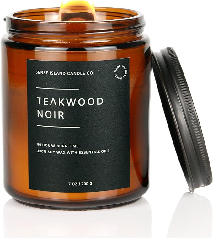 Teakwood Noir Mahogany Crackling Wood Wick Candle for Men – Strong Masculine Scent, 100% Soy, 50-Hour Burn – Luxury Scented Candle with Crackling Wooden Wick for Home, Office, Gifts