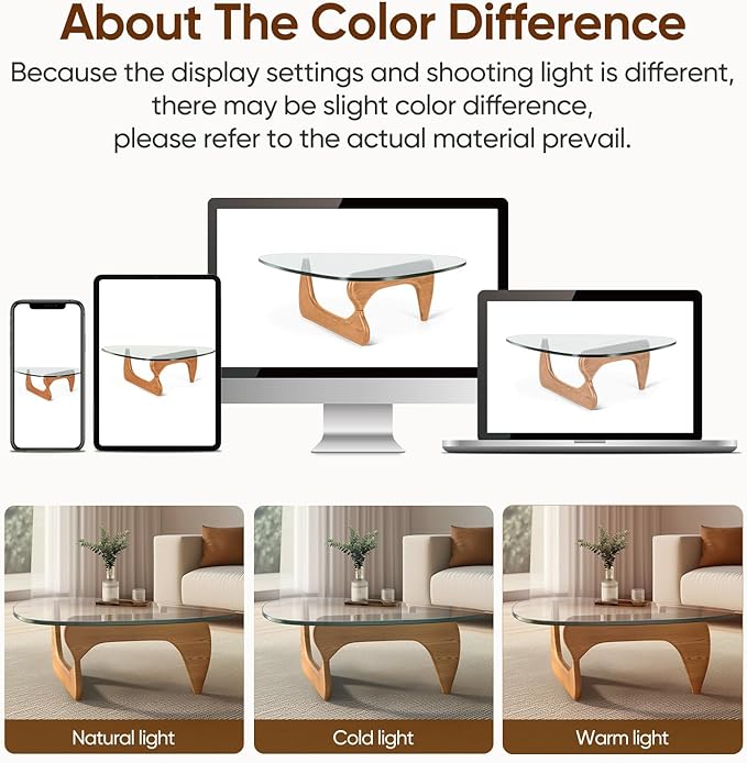 Triangle Glass Coffee Table with Solid Wood Base, 0.8'' Thick Clear Glass Top, 51'' Width Mid Century Modern Coffee Table for Living Room Bedroom Reception (Light Walnut)