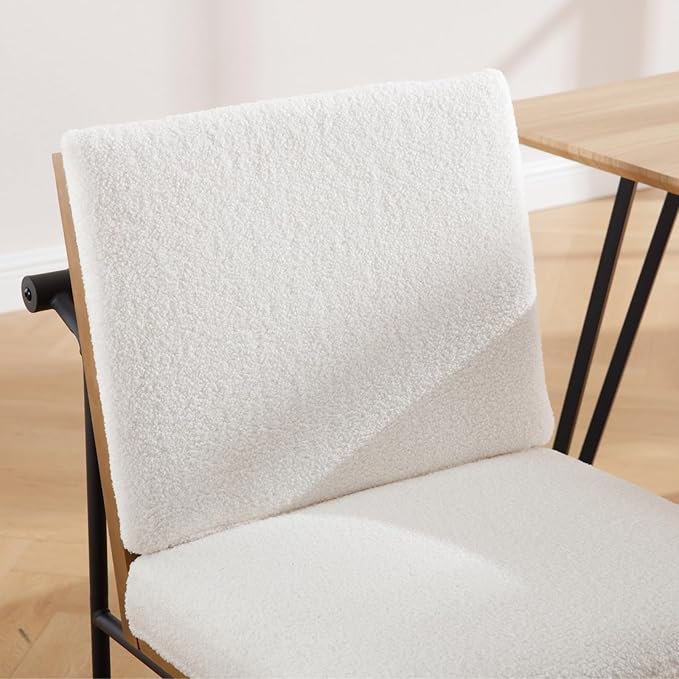 Modern Dining Chairs Set of 2, Comfy Sherpa Fabric Armless Upholstered Side Chairs with Wooden Backrest Black Metal Legs for Dining Room Living Room, White