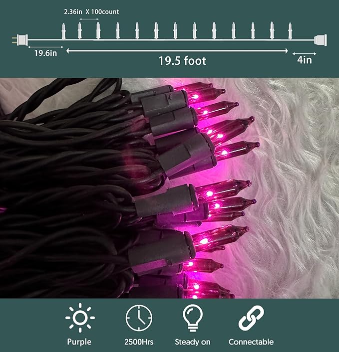 HISHINY Halloween String Lights 100 Count Incandescent Bulb Purple Halloween Lights with Black Wire for Outdoor Indoor Halloween Christmas Garland Party Festival Decor,UL Certified (21feet)