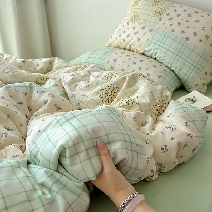 LifeTB Muslin Duvet Cover King Size 100% Cotton Botanical Floral Comforter Cover Aesthetic Flower Chic Plaid Desgin Cottagecore Bedding Set Breathable Soft Gauze Duvet Cover with 2 Pillowcases