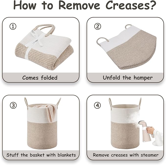 VIPOSCO Large Laundry Hamper, Tall Woven Rope Storage Basket for Blanket, Toys, Dirty Clothes in Living Room, Bathroom, Bedroom - 58L White & Brown