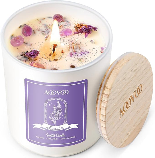 AOOVOO Lavender Scented Candles for Women - Aromatherapy Candle with Crystals Inside, 10oz Soy Candles for Home Scented, Birthday Gifts Christmas Candle for Women Mom