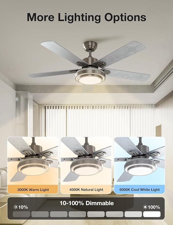 warmiplanet Ceiling Fans with Lights and Remote Control, 52 Inch, 6 Speeds Reversible DC Motor, 3 Color Dimmable Light, Timer, Noiseless, Brushed Nickel, 5 Blades, 2 Pack