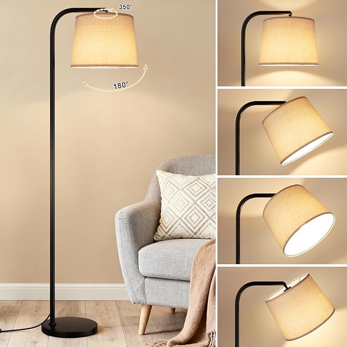 Ambimall Remote-Controlled Floor Lamp - Color Temperature Adjustable and Fully Dimmable, Standing Lamp for Living Room with Rotating Head, Tall Lamp for Bedroom, 9W Bulb Included (Black and Beige)