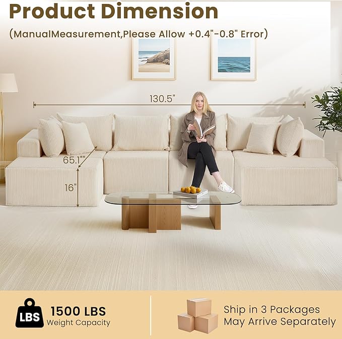Oversize 131” Boneless Couch for Living Room, Comfort U Shaped Cloud Couch Sectional, Extra Deep Seats Corduroy Modular Sectional Sofa No Assembly,Beige