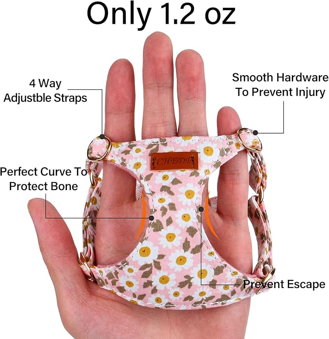 CHEDE No Pull Floral Pattern Dog Harness- Lightweight, Soft, Adjustable Small Harness and Leash Set, Suitable for Puppy Small and Medium-Sized Dog (XS, Pink Daisy)