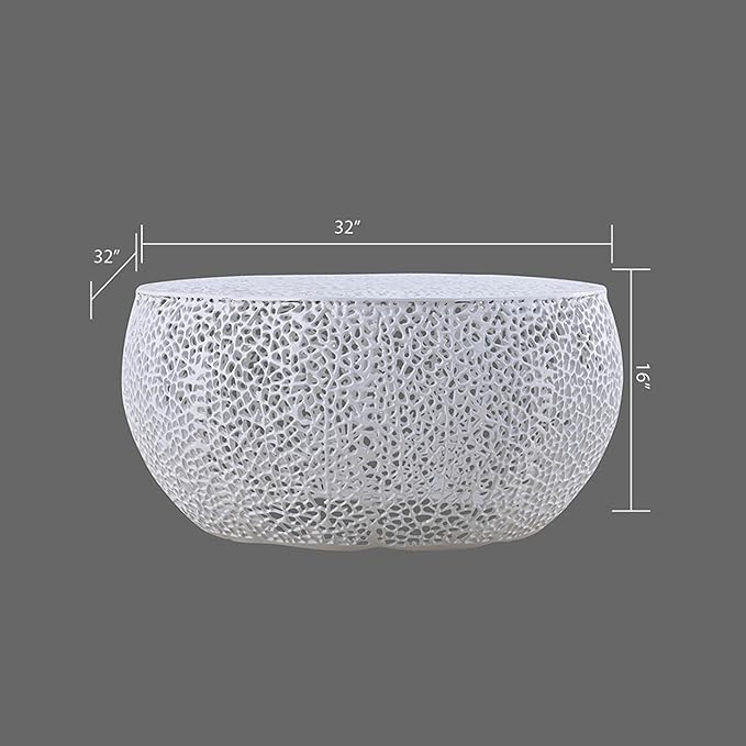Modern Contemporary Round 32" Coffee Table, Solid Aluminum intrigued Design, Drum Shaped Mesh Cocktail Table, Creative Center Table for Living Room and Bedroom, Casted in White
