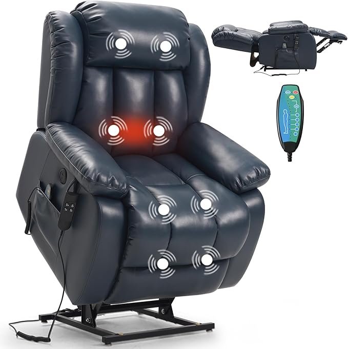 PARKOL Dual Motor Power Lift Recliner Chair for Elderly, 180-Degree Infinite Position Lay Flat Leather Recliner Chairs, with Massage and Heating, USB & Type-C Port and Remote (Dark Blue, Medium)