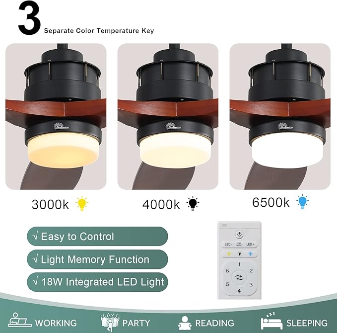 Sofucor 60 inch Ceiling Fan with Lights and Remote, Modern Large LED Ceiling Fan with 3 Walnut Blades and 3 Black Downrods, for Indoor Living Room Bedroom Outdoor Patio Porch, Reversible DC Motor