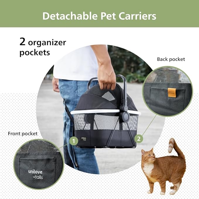 Unilove On The Go Lightweight Pet Stroller for Small Medium Dog or Cat with Detachable Carrier - Compact Pet Stroller and Carrier Combo for Travel - Foldable, Sturdy, Safe - Black