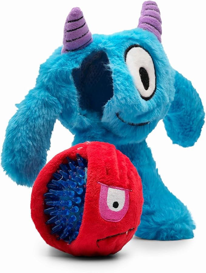 Flourish Pets 3 in 1 Multi-Layer Chew Toy for Active Dogs | Non-Toxic BPA Free Double Stitched Soft Fabric Exterior Dog Toys | Long-Lasting Dog Plush Toys – Large, Blue Monster 11"