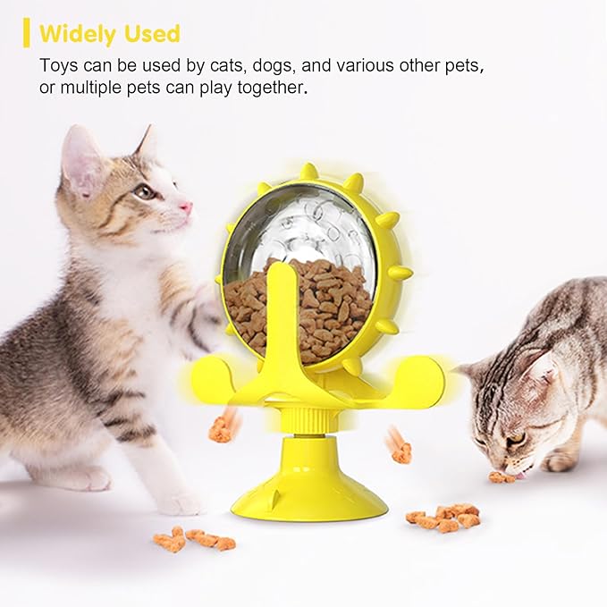 Cat Dog Treat Dispenser Toy - Cat Interactive Feeder Pet Food Toys Feeder 360° Degree Rotating Food Leakage Device Rotate with Strong Suction Cup Money Wheel Shape (Yellow)
