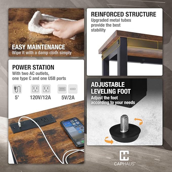 CAPHAUS 41” Classic Console Table w/ 2 Outlets, USB & Type-C Ports for Entryway, Modern Snack Entrance Sofa Tableau w/Charging Station, Living Room Accent Behind Couch Plant Mesa, Rustic Oak