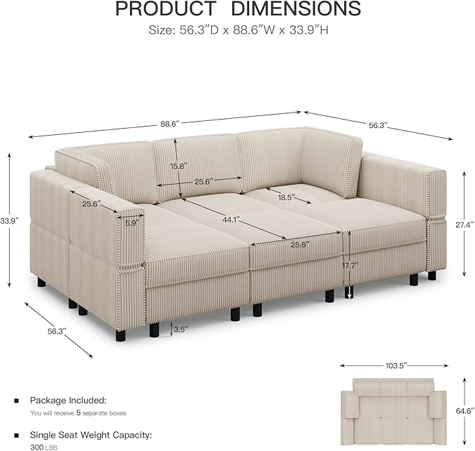 88.6" Modular Sectional Sofa with Deep Storage Seat,6 Seat Corduroy Sectional Couch Convertible Modular Sleeper Sofa Couch with Movable Ottoman Chaise,Sectional Couches for Living Room,Beige