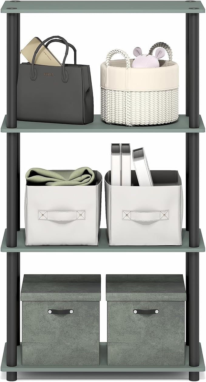 Furinno Turn-N-Tube Storage Shelves, 4-Tier Toolless Book Shelf, Corner Shelf, Toolless Open Shelves, for Organization and Storage, Living Room, Garage, Home Office, Sage Green