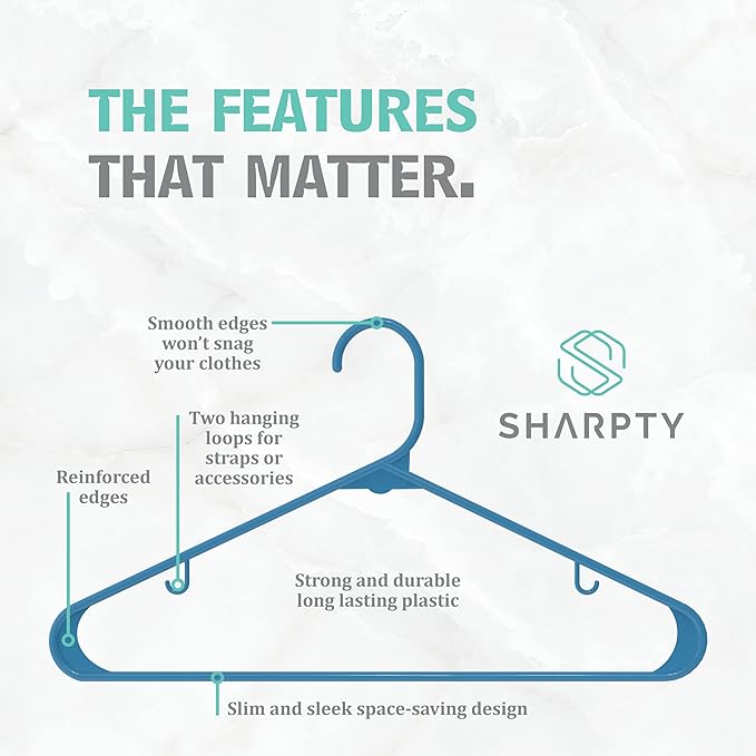 Sharpty Plastic Hangers Clothes Hangers for Clothing, Closet, Coats & Shirts - Durable, Thick, Tough & Space Saving - for Everyday Standard Use, Room Essentials & Basics - 60 Pack - Blue