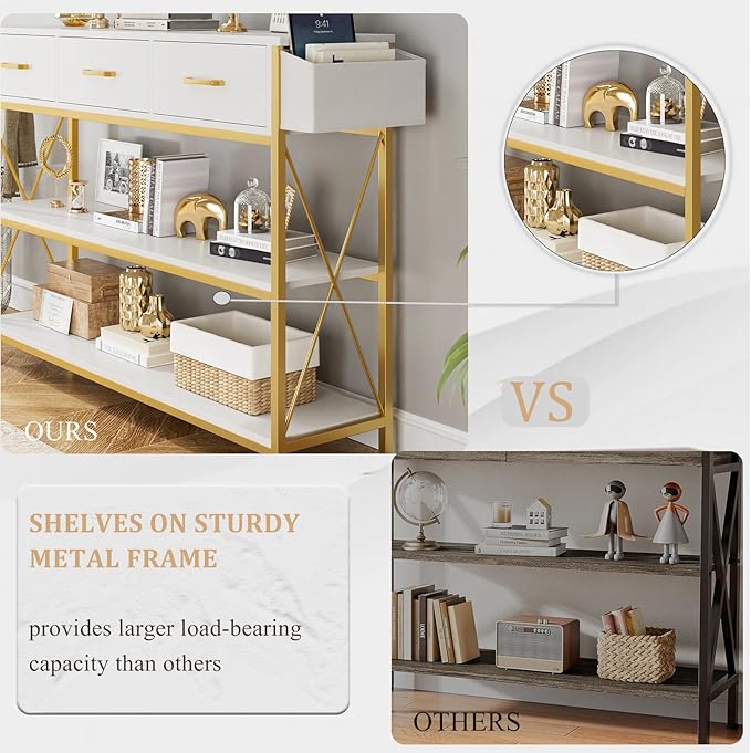 HITHOS 47.2" Console Table with 3 Drawers, Narrow Long Entryway Table with 3-Tier Storage Shelves, Industrial Sofa Foyer Table for Living Room, Hallway, Entry Way, Foyer, Kitchen, White/Gold