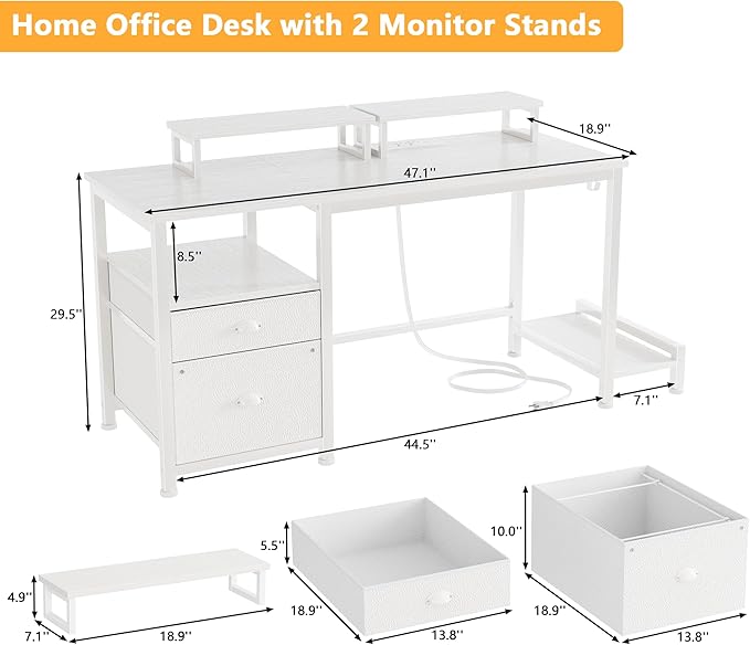 Furologee 47" Computer Desk with File Cabinet and Power Outlets, Home Office Desk with 2 Monitor Stands and Storage Drawer, Writing Gaming Table with Shelves and 2 Hooks for Bedroom, White