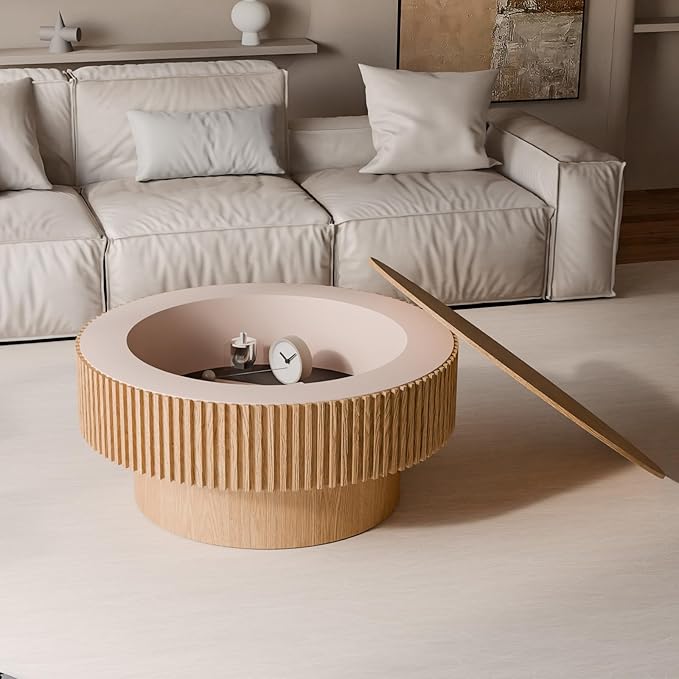 31.5'' Small Round Coffee Table with Storage, Fluted Coffee Table with Solid Wood Veneered, Mid Century Modern Wooden Center Table, Accent Tea Table for Small Space Living Room Apartment, Natural