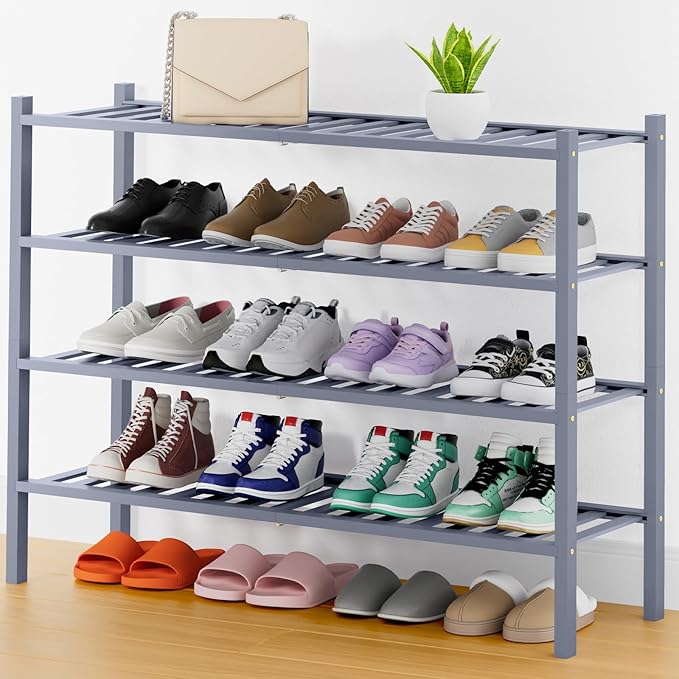Smiry Shoe Rack, 4 Tier Thick Long Bamboo Shoe Organizer, Stackable Free Standing Wooden Shoe Storage Shelf for Closet, Entryway, Front Door Entrance, Grey