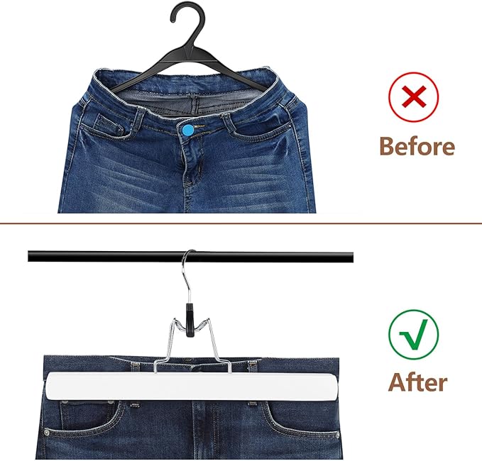 AMKUFO 12 Pack White Wooden Pants Hangers with Clips Non Slip Skirt Hangers Trouser Clamp Hanger Solid Wood Hanger with 360° Swivel Hook
