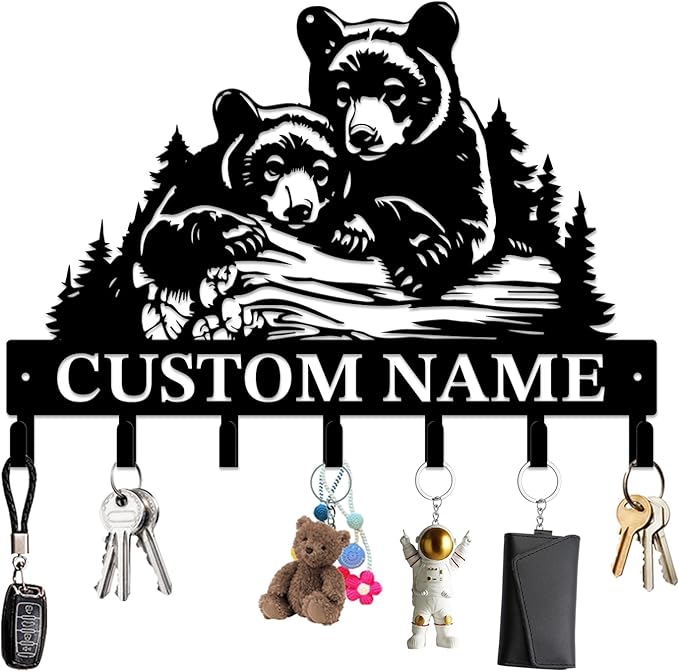Personalized Custom Name Bear Key Wall Hooks,Metal Bear Keys Clothes Hooks,Metal Bear Wall Home Storage Decorative,For Front Door, Hallway, Kitchen, Bedroom,Keys,Hats (Style K)