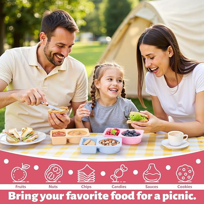 3 PCS Reusable Silicone Snack Containers with Lids Double Compartment Snack Box Container for Food (3P)