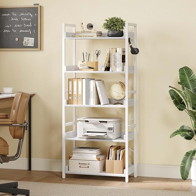 Rolanstar Bookshelf 5 Tier with 4 Hooks, Industrial Wood Bookcase, Vintage Storage Rack with Open Shelves, Rustic Standing Bookshelves Metal Frame Display Rack for Living Room, Bedroom, White