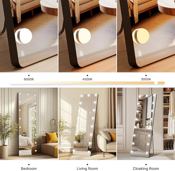 Kosmonia 56x18 Hollywood Full Length Mirror with Light, 17 Dimmable Bulbs & 3 Color Smart Touch Control, Distortion Free, Tempered Glass & Shatter Proof Film, Safe Full Body Mirrors with Stand