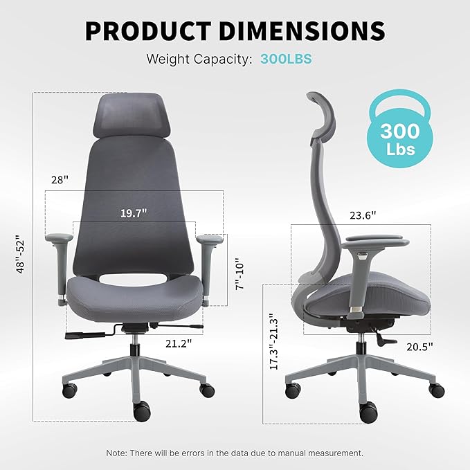 Ergonomic Mesh Office Chair with S-Shaped Backrest, 4D Adjustable Armrests, Sliding Seat Depth, Fixed Headrest, Dual-Layer Mesh, 130° Recline, SGS Class 3 Gas Lift, 300 lbs Capacity